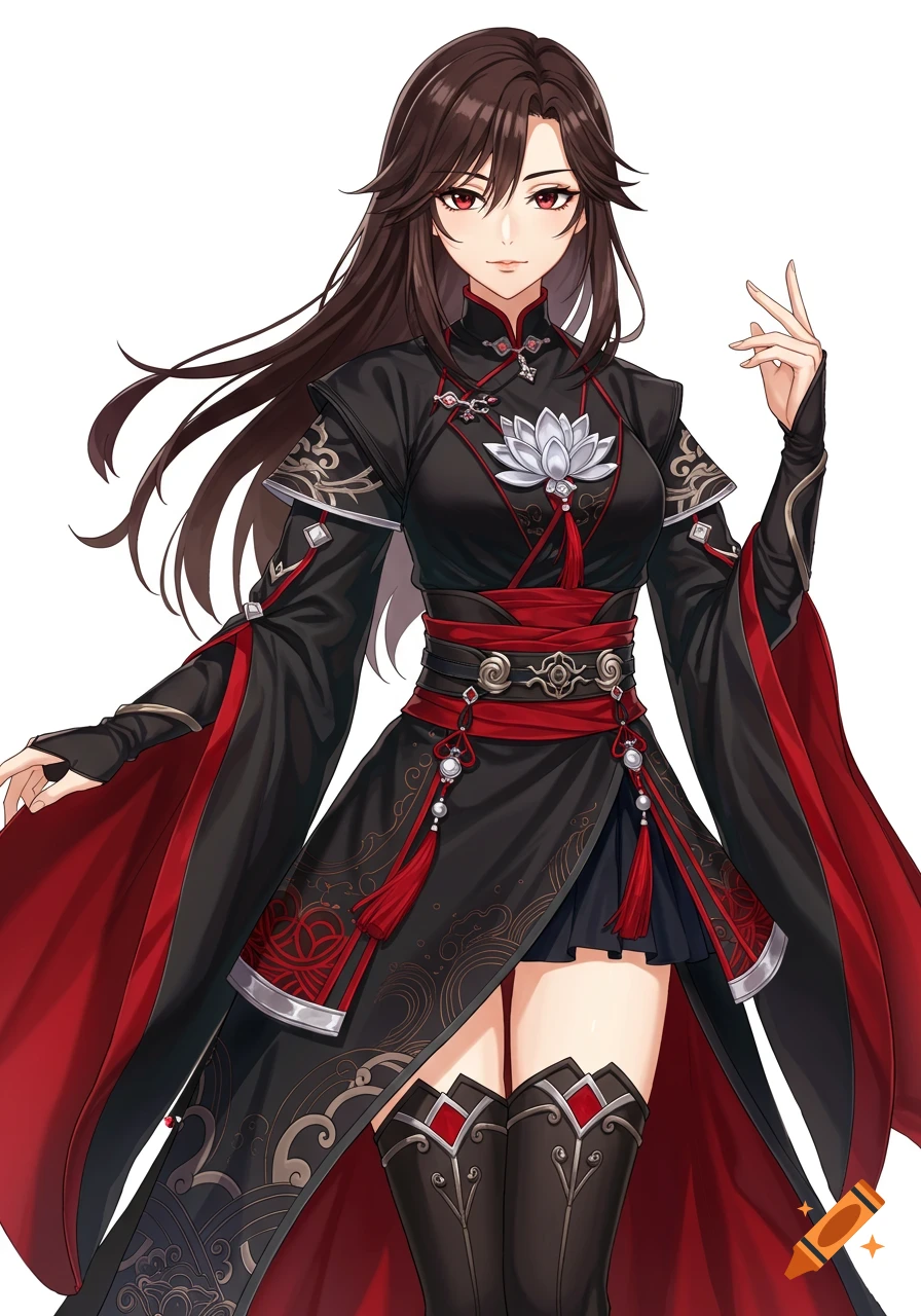 Anime female character in a black and red wuxia-inspired fantasy outfit with a lotus emblem, long dark hair, and red eyes.