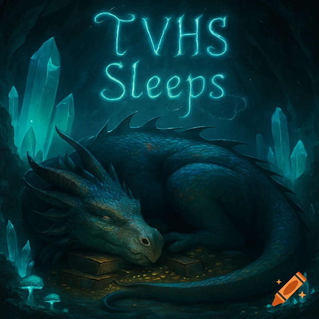 A large blue dragon sleeps on gold in a dark cave with glowing teal crystals and 'TVHS Sleeps' text.