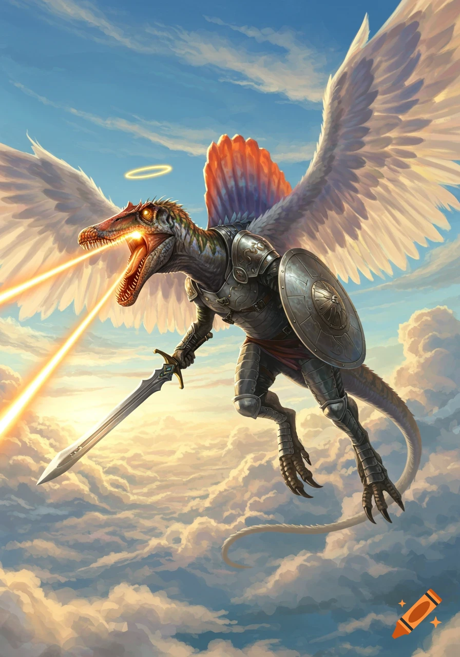 An armored Spinosaurus with angelic wings and a halo flies through clouds, shooting eye lasers and carrying a sword and shield.