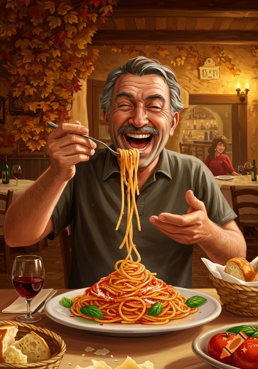 A happy Italian man with a mustache laughing joyfully while eating a large plate of spaghetti with marinara sauce in a cozy restaurant.