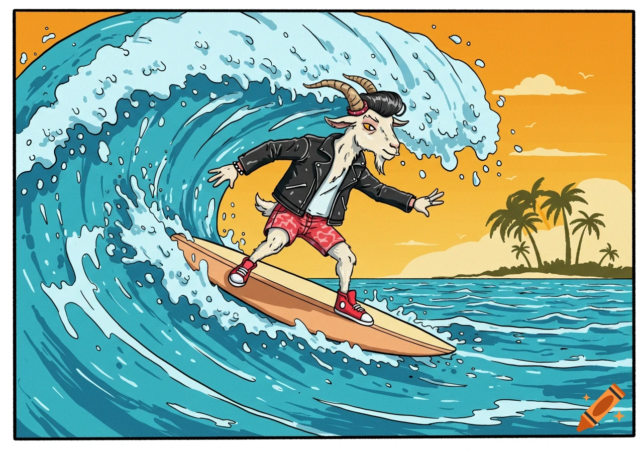 A cartoon rockabilly goat with a pompadour and leather jacket surfs a large wave, with a tropical beach in the background.