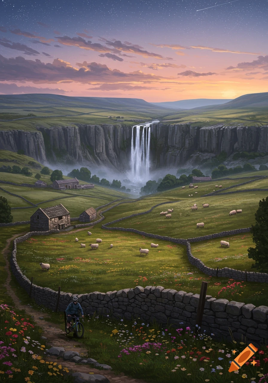 An illustrative landscape of a grand waterfall, green valleys with sheep, stone walls, and barns under a starry sunset. A cyclist rides on a dirt path.