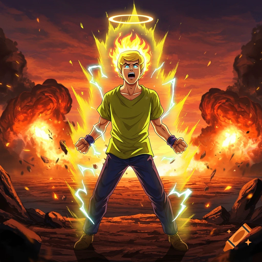 Shaggy from Scooby-Doo in Super Saiyan form, glowing with energy and screaming as explosions erupt behind him in an anime style.