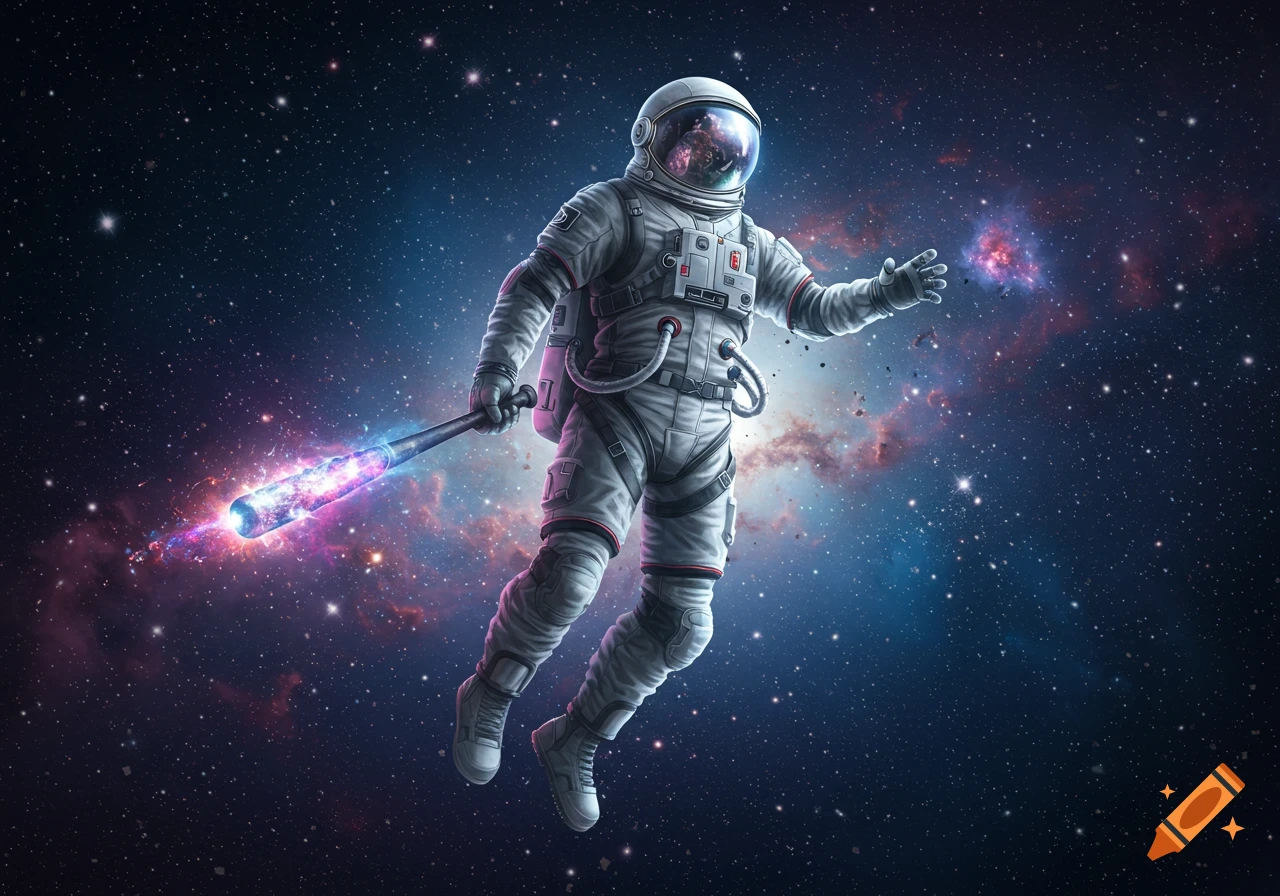 A photorealistic astronaut in a white suit floats in deep space, holding a glowing purple and blue baseball bat. Nebulae and stars fill the background.