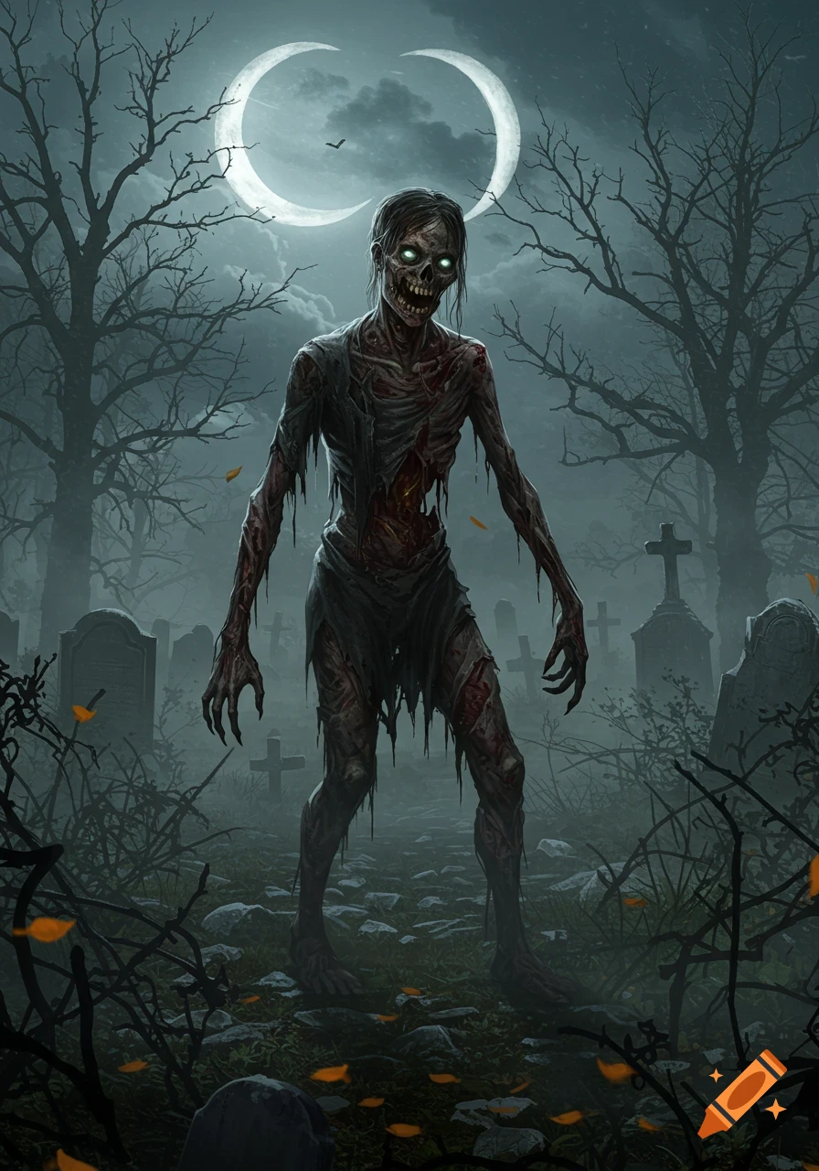 A grotesque zombie with glowing eyes stands in a foggy, moonlit graveyard with bare trees and tombstones. Dark fantasy style.
