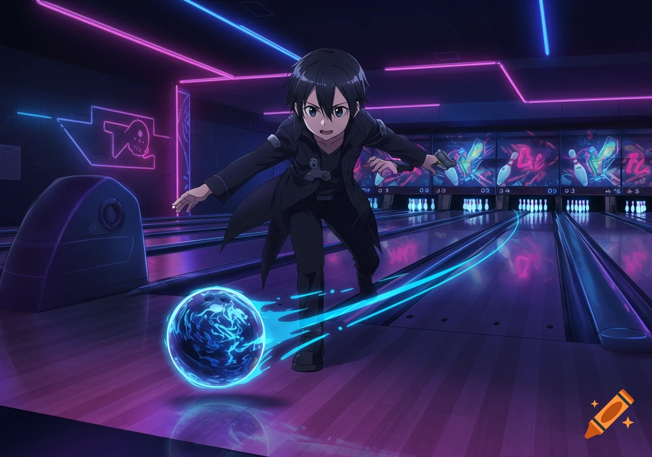 Anime character Kirito bowls a glowing blue ball down a neon-lit lane in a cyberpunk-themed alley, surrounded by bright pink and blue lights.