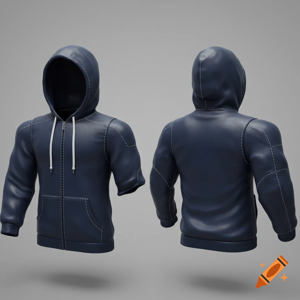 A 3D render of a dark blue hoodie template with white stitching, showing front and back views.