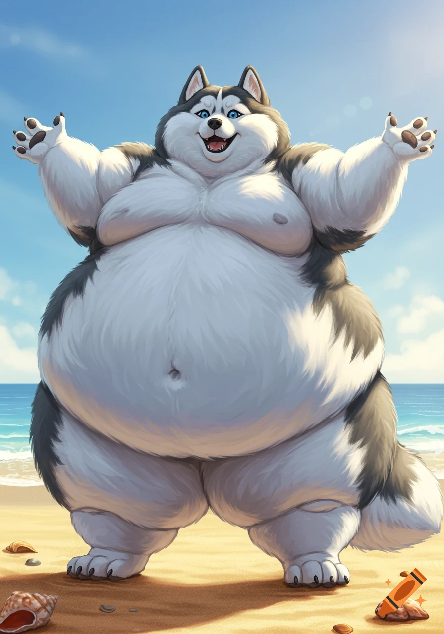 A super obese, happy husky character with blue eyes stands on a sunny beach with arms outstretched, looking cartoonish.
