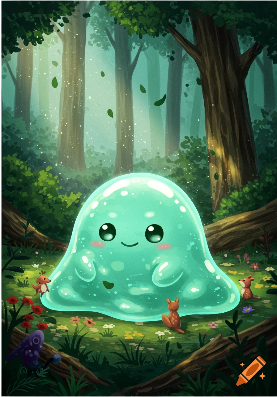 A cute, glowing teal slime monster with large eyes and rosy cheeks sits in a magical forest with small animals and falling leaves, in a cartoon illustration style.