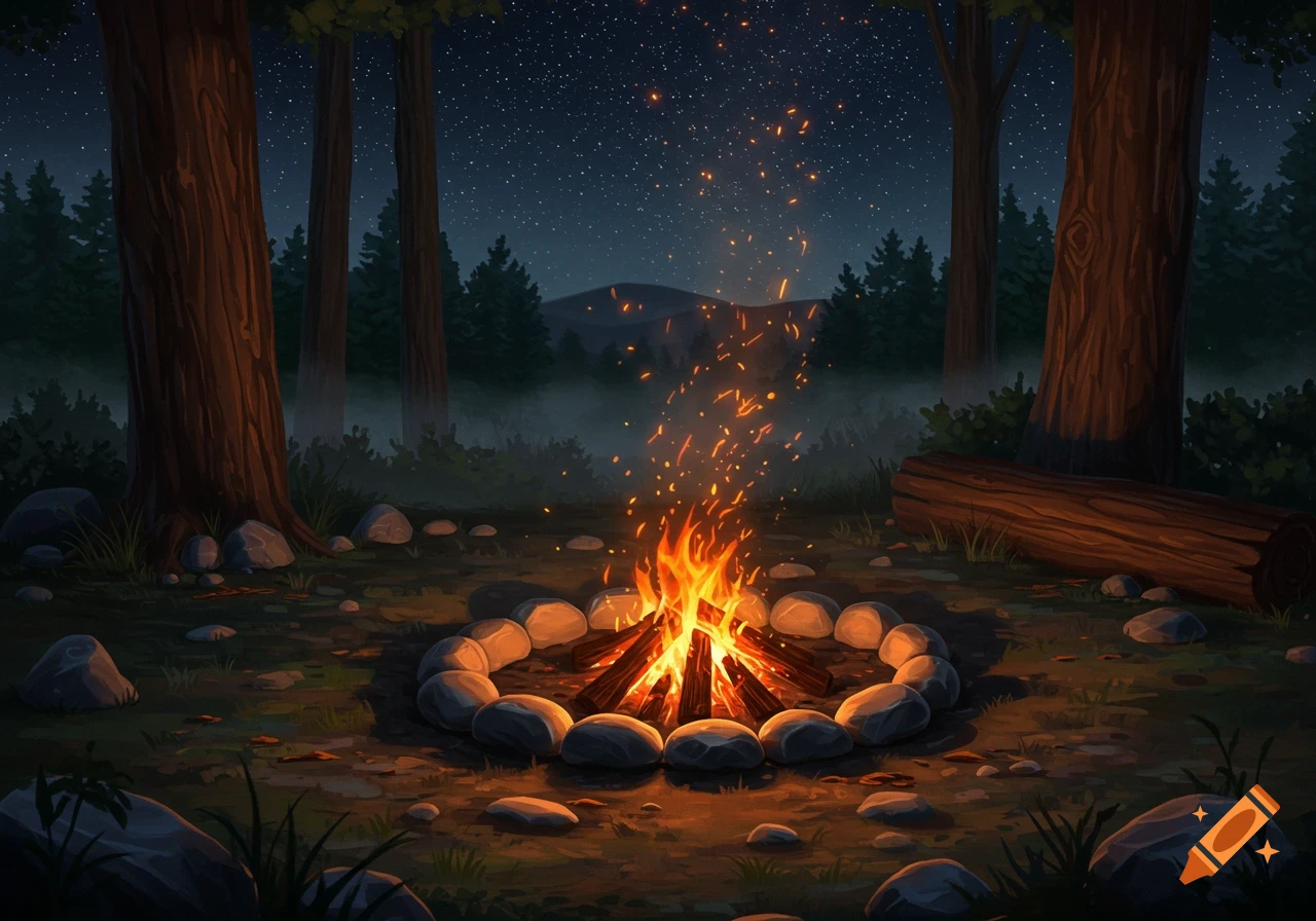A vibrant campfire crackles within a stone ring in a dark forest at night, under a starry sky.