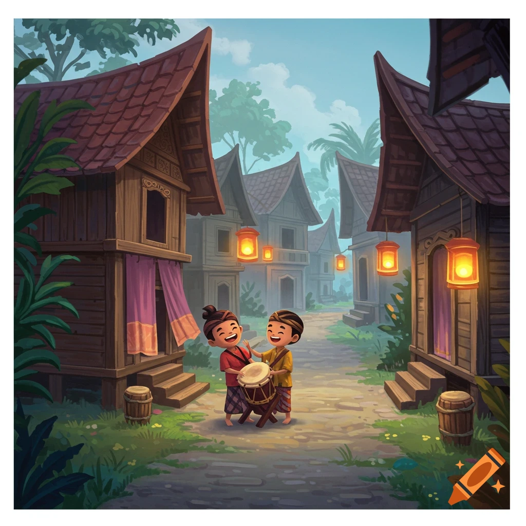 Colorful illustration of two smiling children playing a drum in a traditional village with wooden houses and glowing lanterns.