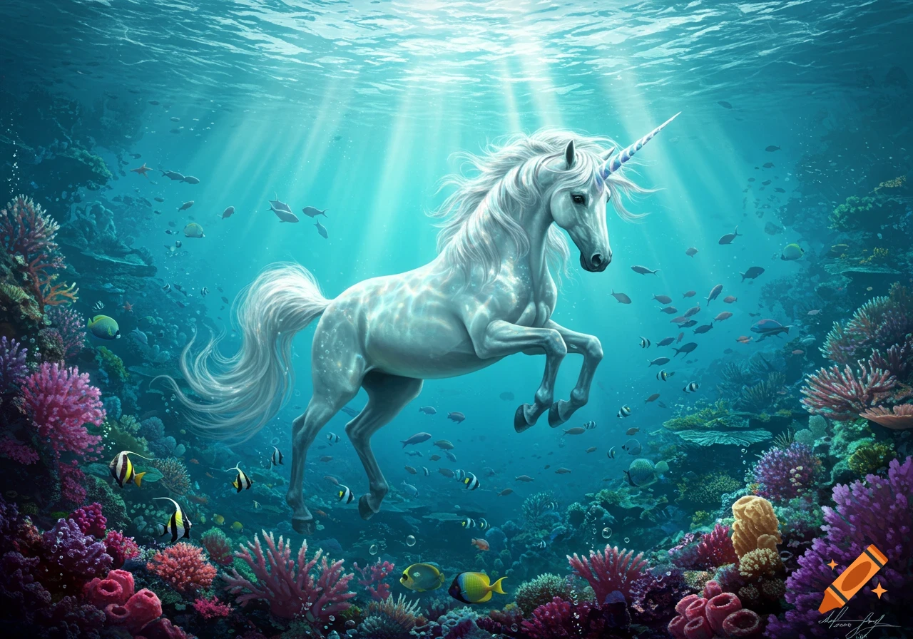 A majestic white unicorn swims gracefully underwater amidst vibrant coral reefs and schools of tropical fish, with sunrays piercing the surface.