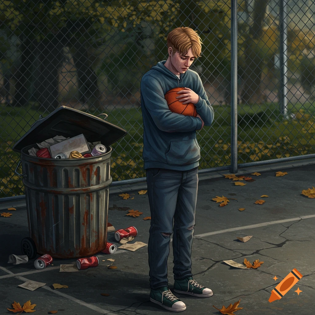 A sad, crying blond young man in a blue hoodie hugs a basketball on an outdoor court with an overflowing trash can, illustrated.