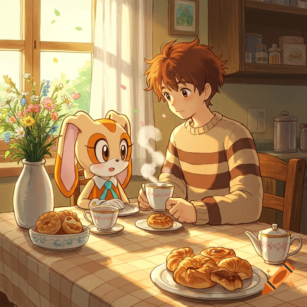 A boy and Cream the Rabbit from Sonic have breakfast at a table in a Ghibli-style kitchen, sunlight streaming through a window.