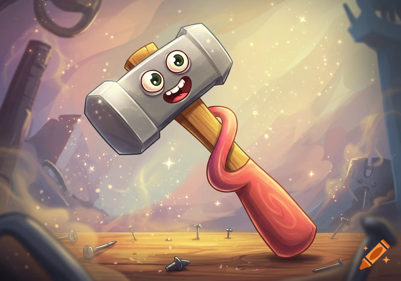 A whimsical cartoon hammer with a smiley googly-eyed face, a pink ribbon on its handle, surrounded by nails and sparkles.