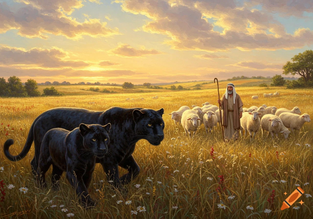 A painting of two black panthers walking in a golden field with a shepherd and his flock of sheep at sunset.