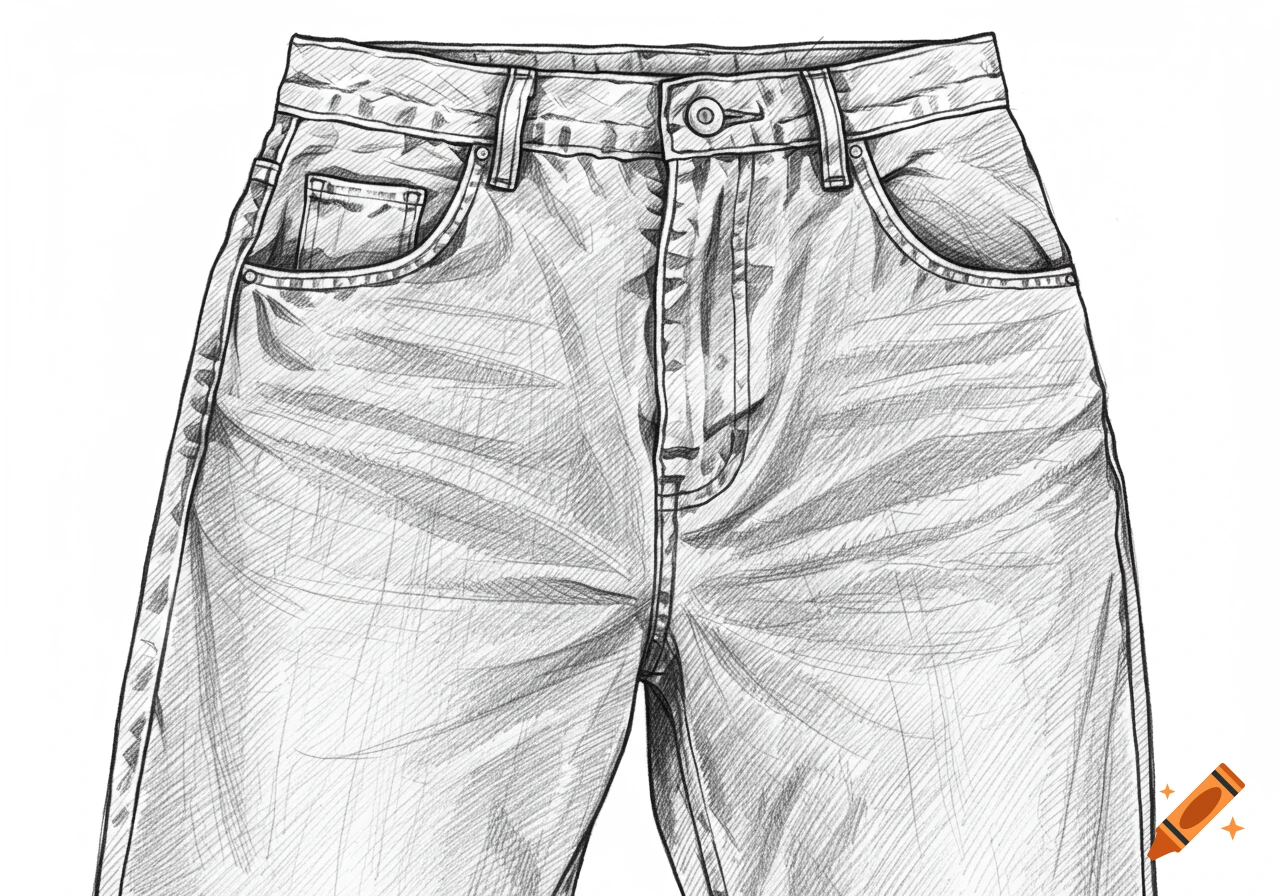 Detailed pencil sketch of the top half of baggy, oversized jeans, showing pockets, button, and waistband.