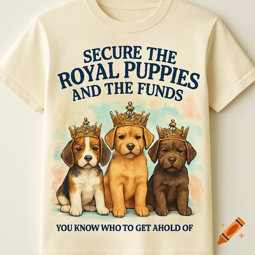 T-shirt with three cute puppies in crowns and text 'SECURE THE ROYAL PUPPIES AND THE FUNDS YOU KNOW WHO TO GET AHOLD OF'.