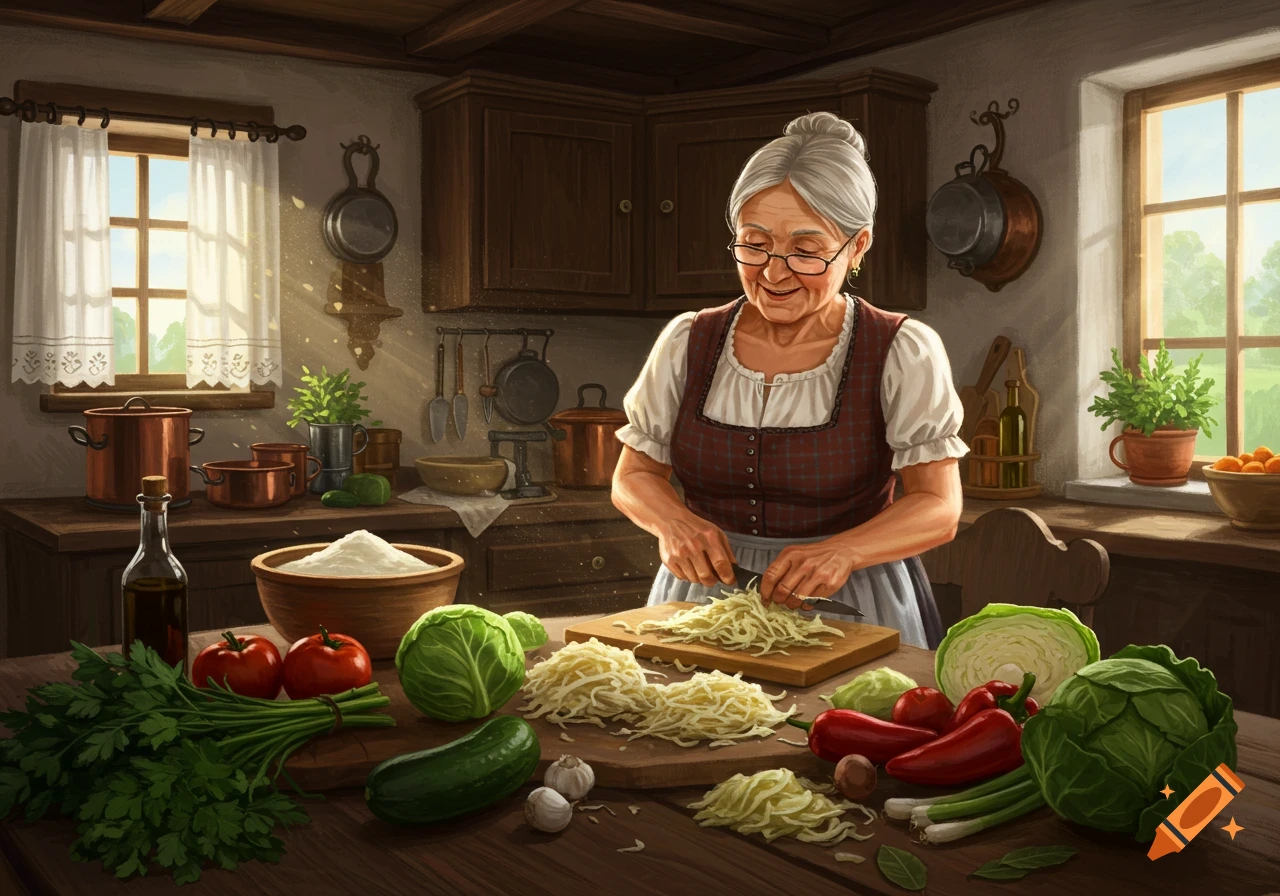 An old woman with grey hair and glasses smiles as she shreds cabbage on a wooden board in a rustic kitchen.