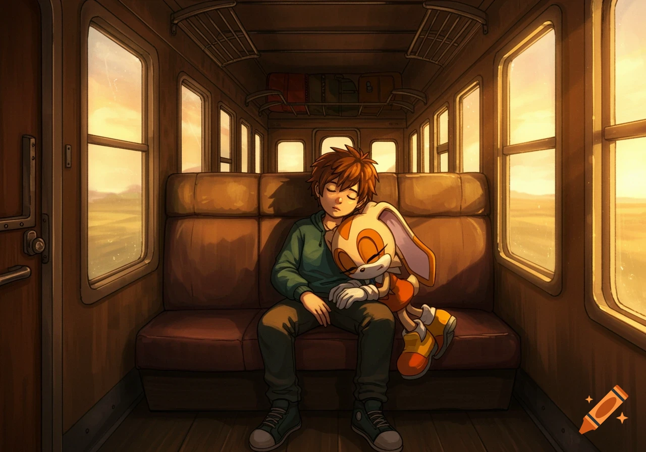A teenage boy with brown hair and Cream the Rabbit sleeping on an old train seat at sunset in an anime style.