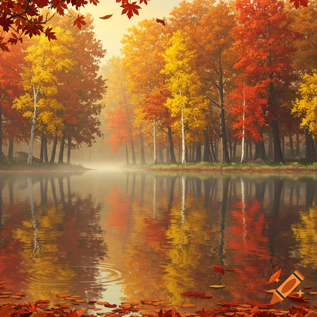 A vibrant autumn landscape painting of colorful trees reflecting in a misty pond with fallen leaves.
