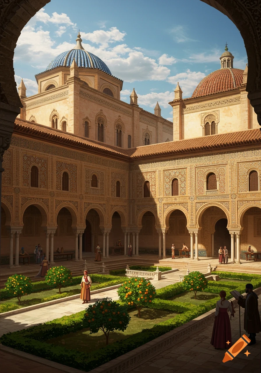 A detailed view of a grand Moorish-Spanish palace courtyard with ornate arches, domes, a central garden, and people.