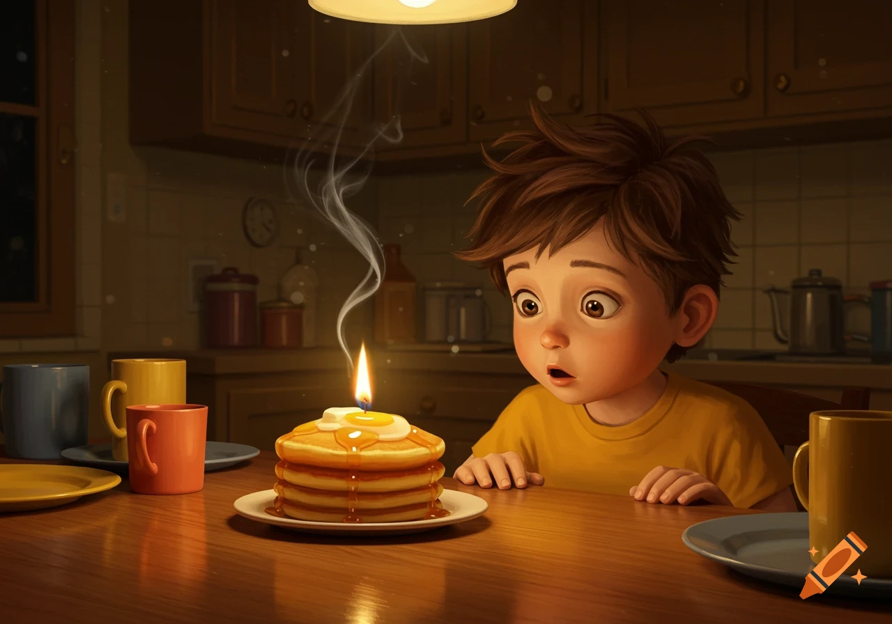 A wide-eyed cartoon boy looks at a stack of pancakes topped with a lit candle in a dimly lit kitchen.