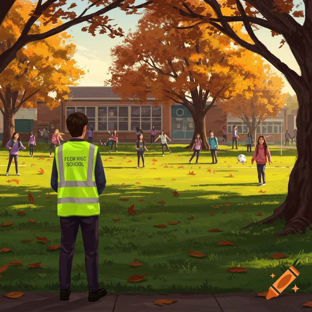 Illustration of a teacher in a high-visibility vest overseeing children playing soccer in a sunny schoolyard during autumn.
