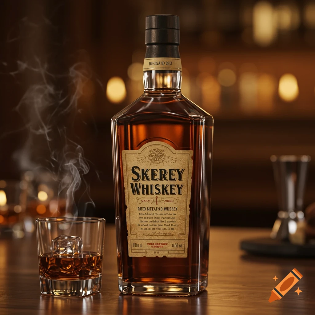 A photorealistic image of a whiskey bottle and a glass with whiskey and ice, with smoke rising, on a wooden bar in a warm, dimly lit setting.