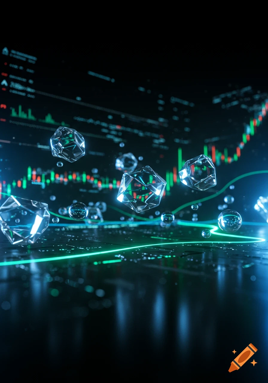 Abstract crystalline shapes and spheres float over a dark digital background with financial stock market charts and green data lines.