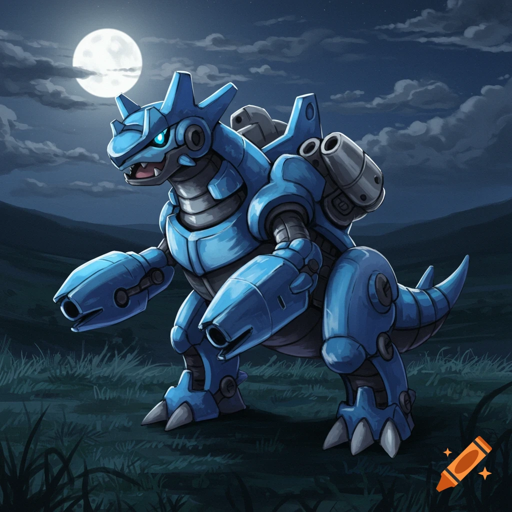 An illustrated blue robotic dinosaur-like creature with armor and cannons stands in a grassy field under a full moon at night.