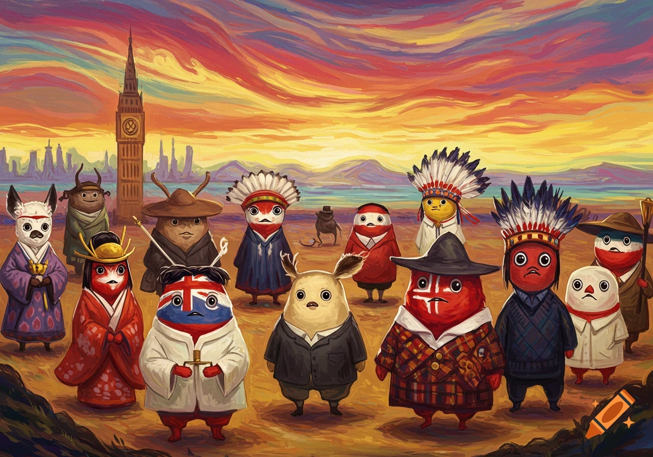 Cute, potato-shaped characters in diverse national costumes stand in a barren landscape under a colorful sky with a stylized Big Ben, in an illustration.