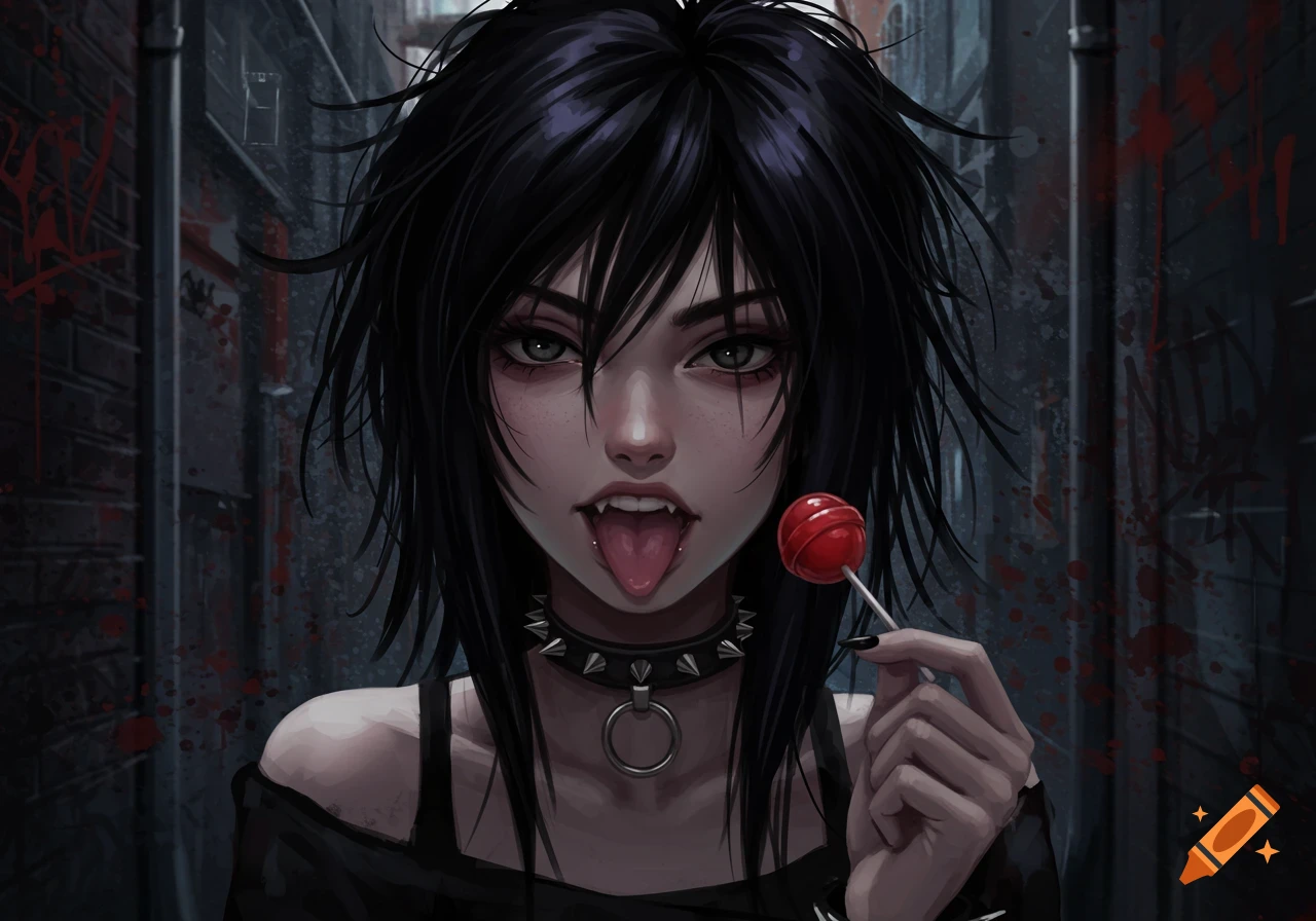 A gothic anime girl with black messy hair, fangs, and a studded necklace sticks her tongue out while holding a red lollipop in a dark alley.