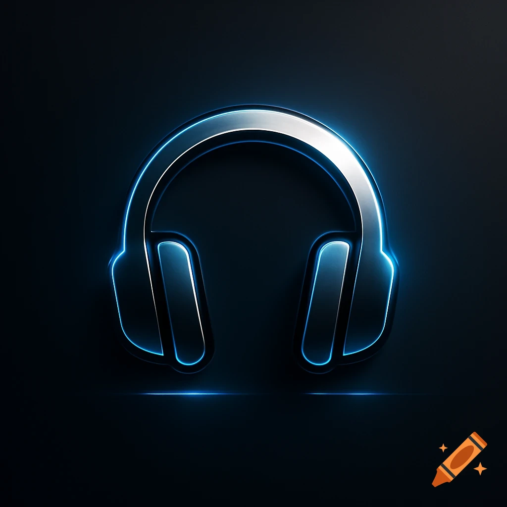 Neon blue glowing headphones logo on a dark background.