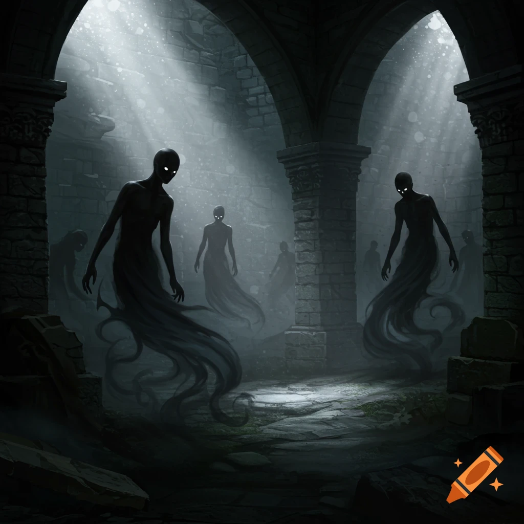 Dark, shadowy figures with glowing eyes lurk in a dimly lit, arched gothic stone chamber, bathed in shafts of light.