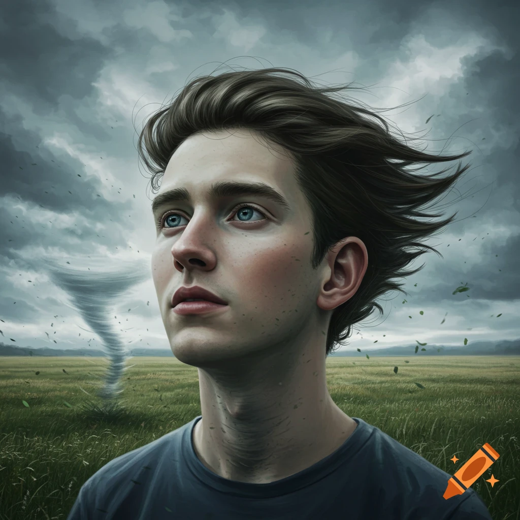A young man with intense blue eyes and windblown hair looks up, standing in a grassy field with a tornado in the distance under a stormy sky.