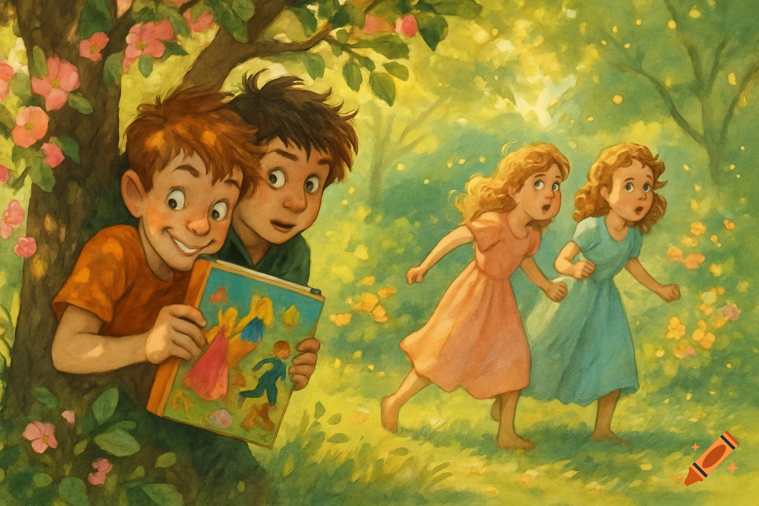 Two boys hide behind a tree, one holding an illustrated book, as two girls run past in a whimsical watercolor forest scene.