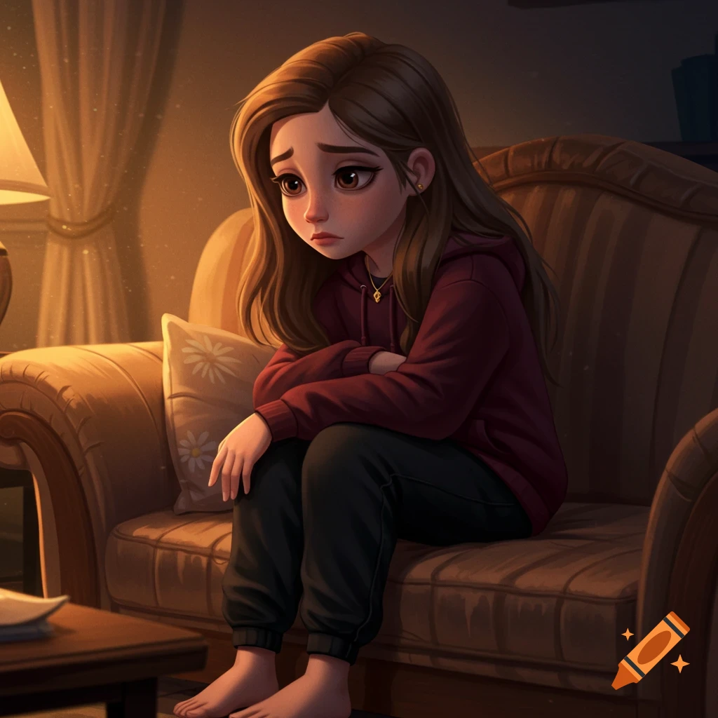A sad brown-haired cartoon girl in a burgundy hoodie and black sweatpants sits barefoot on a couch in a dimly lit room.