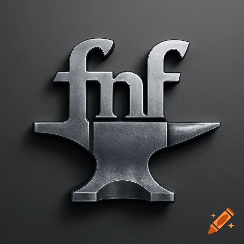 A photorealistic 3D rendered logo of metallic 'fnf' letters, with the first 'f' mirrored, integrated into an anvil shape.
