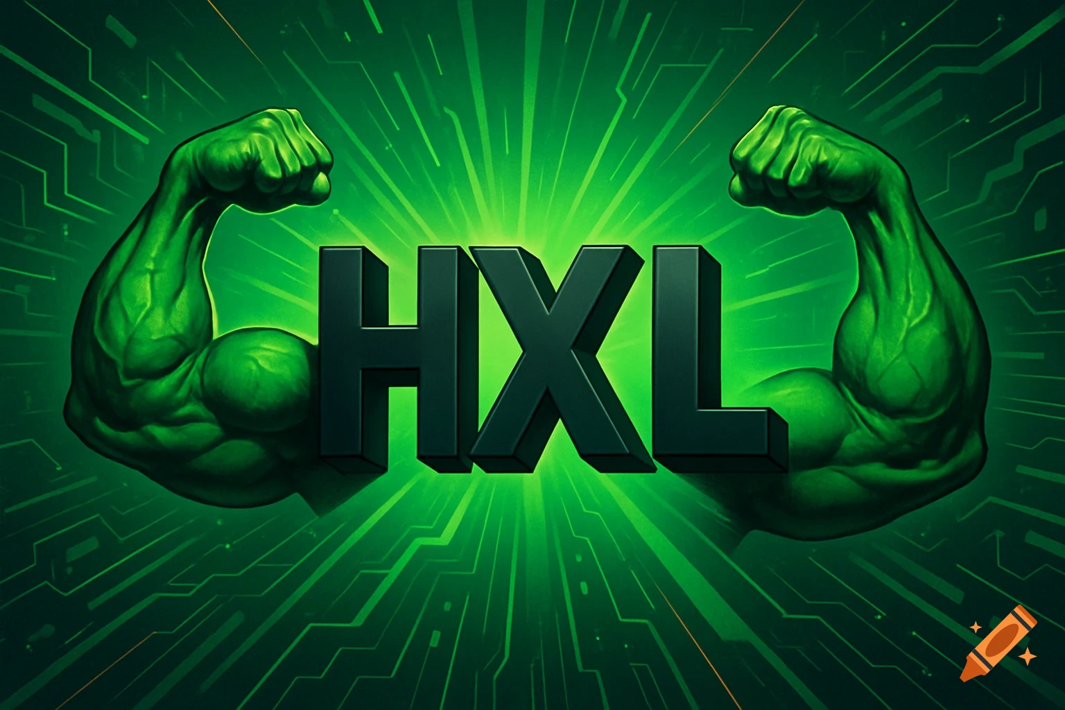 The word HXL in bold 3D letters, flanked by two flexing green muscular arms, against a glowing green circuit board background.