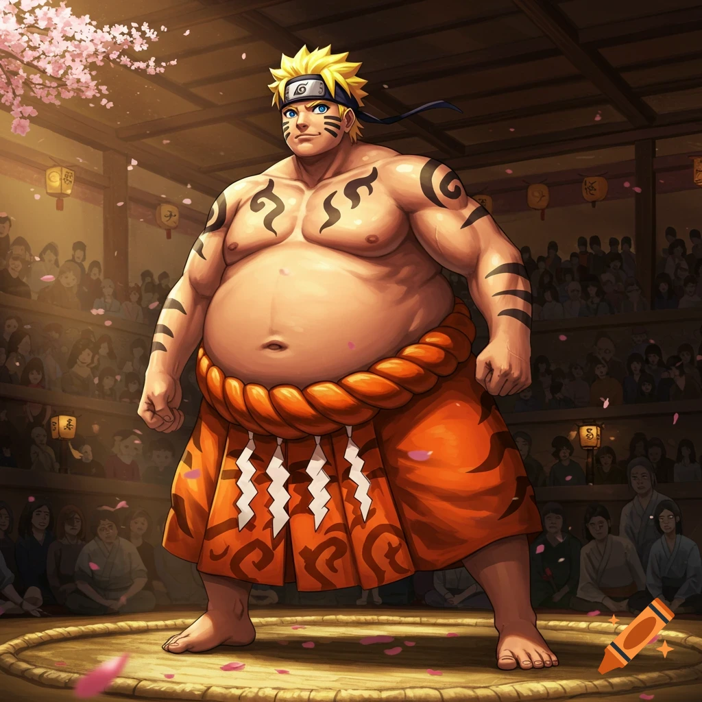 Anime-style depiction of an obese Naruto Uzumaki as a sumo wrestler in a dohyo ring, surrounded by a crowd and cherry blossoms.