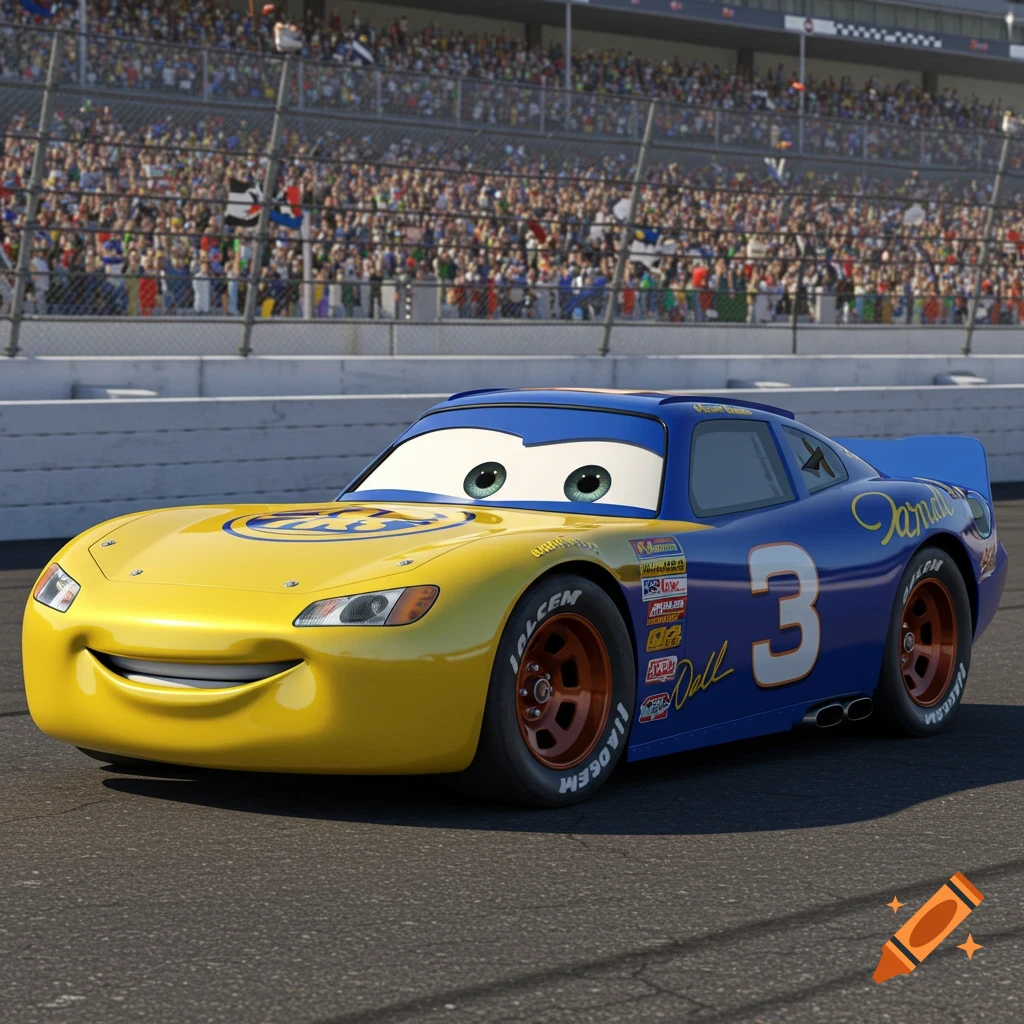A smiling blue and yellow cartoon race car with the number 3 on its side, on a track with a stadium full of spectators in the background.