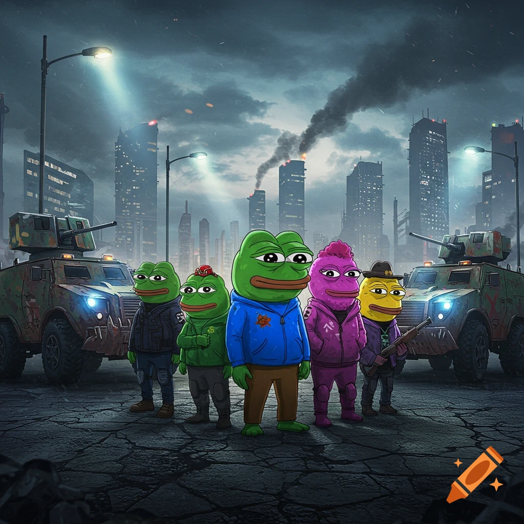 Five stylized cartoon frog characters, including Pepe the Frog, stand in front of two armored military vehicles in a rainy, dystopian city with smoke-billowing skyscrapers under a dark sky.