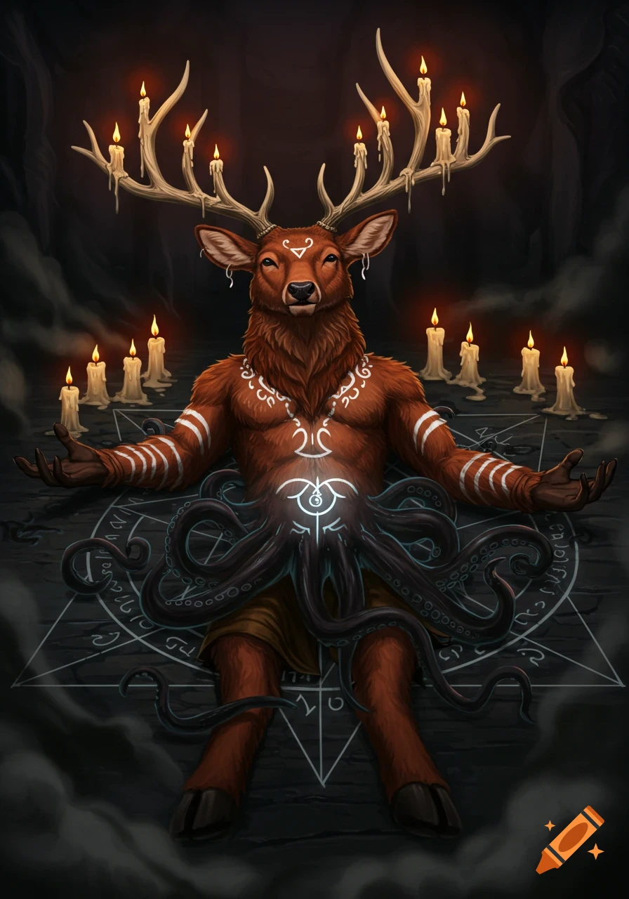 A furry deer-like creature with human torso and candle antlers sits on a dark ritual star, summoning glowing tentacles from its belly.