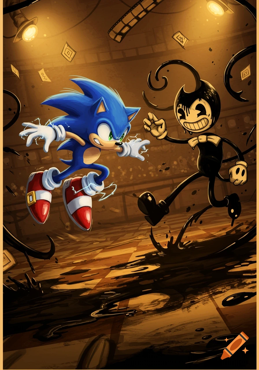 Sonic the Hedgehog and Bendy from Bendy and the Ink Machine confront each other in an ink-splattered studio.