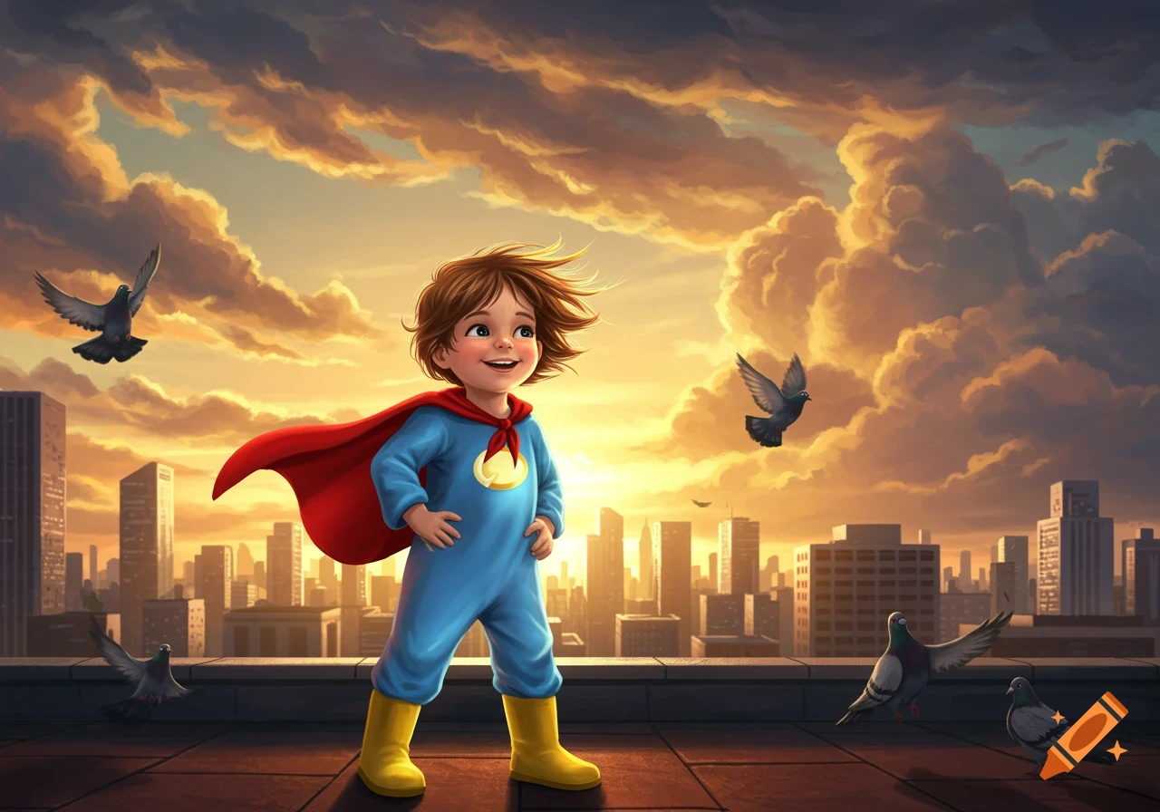 Happy child superhero in blue and red cape on a city rooftop at sunset, pigeons flying. Illustrated.