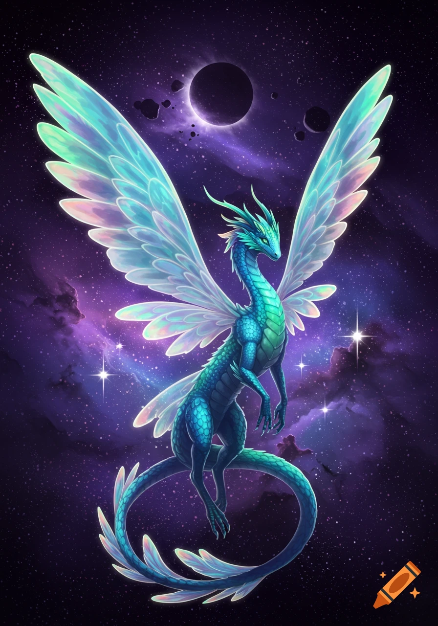 A vibrant teal and green dragon with iridescent wings floats majestically in a purple cosmic nebula, with a black eclipse in the background.