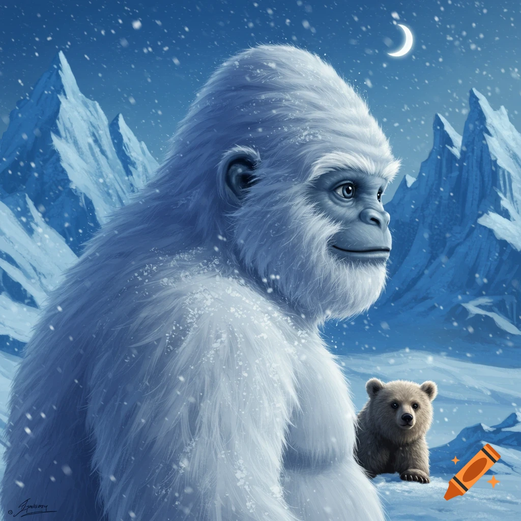 Friendly white yeti and a brown bear cub in a snowy mountain landscape under a crescent moon.