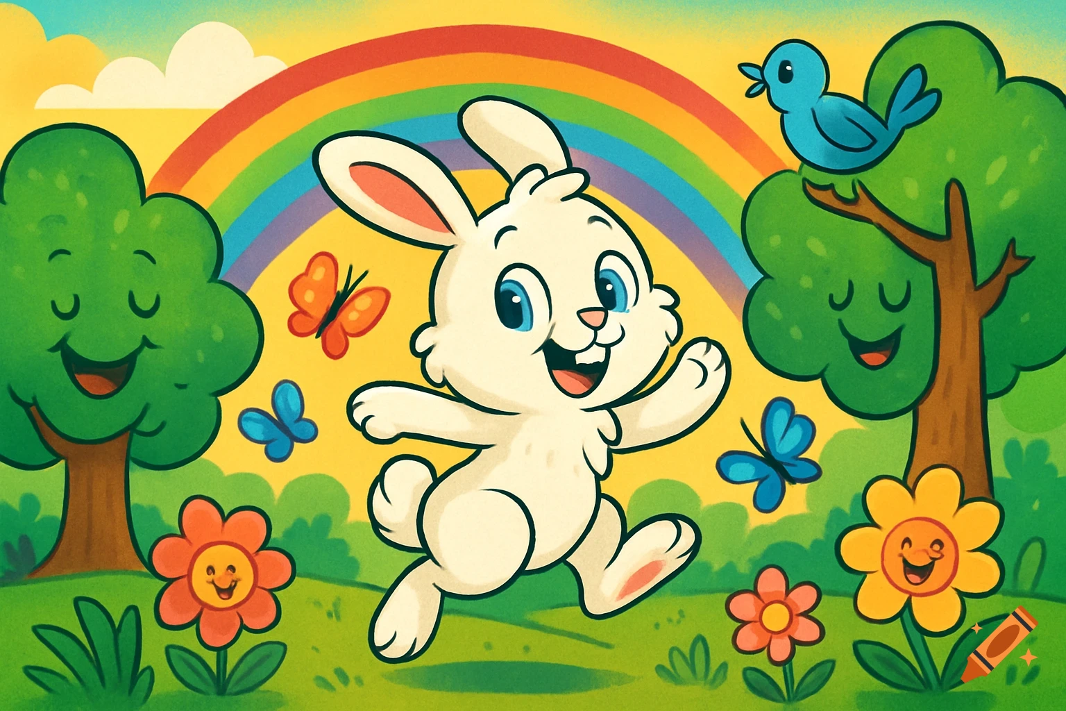 A happy cartoon bunny hops under a rainbow with smiling trees, flowers, butterflies, and a blue bird in a vibrant spring scene.