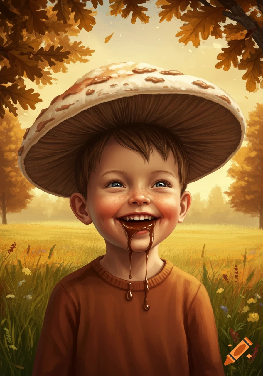 A happy boy wearing a mushroom hat, smiling with chocolate dripping from his mouth, standing in an autumn field.